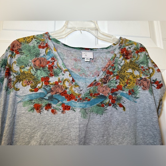Anthropologie Postage Stamp Gray Floral V Neck Jersey T Shirt Large Bohemian - Picture 2 of 9